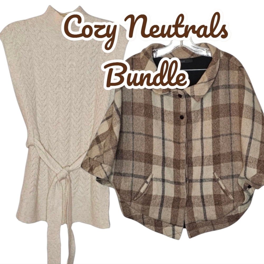 Neutrals Cream Herringbone Knit Poncho and Brown Beige Wool Plaid Cape Bundle